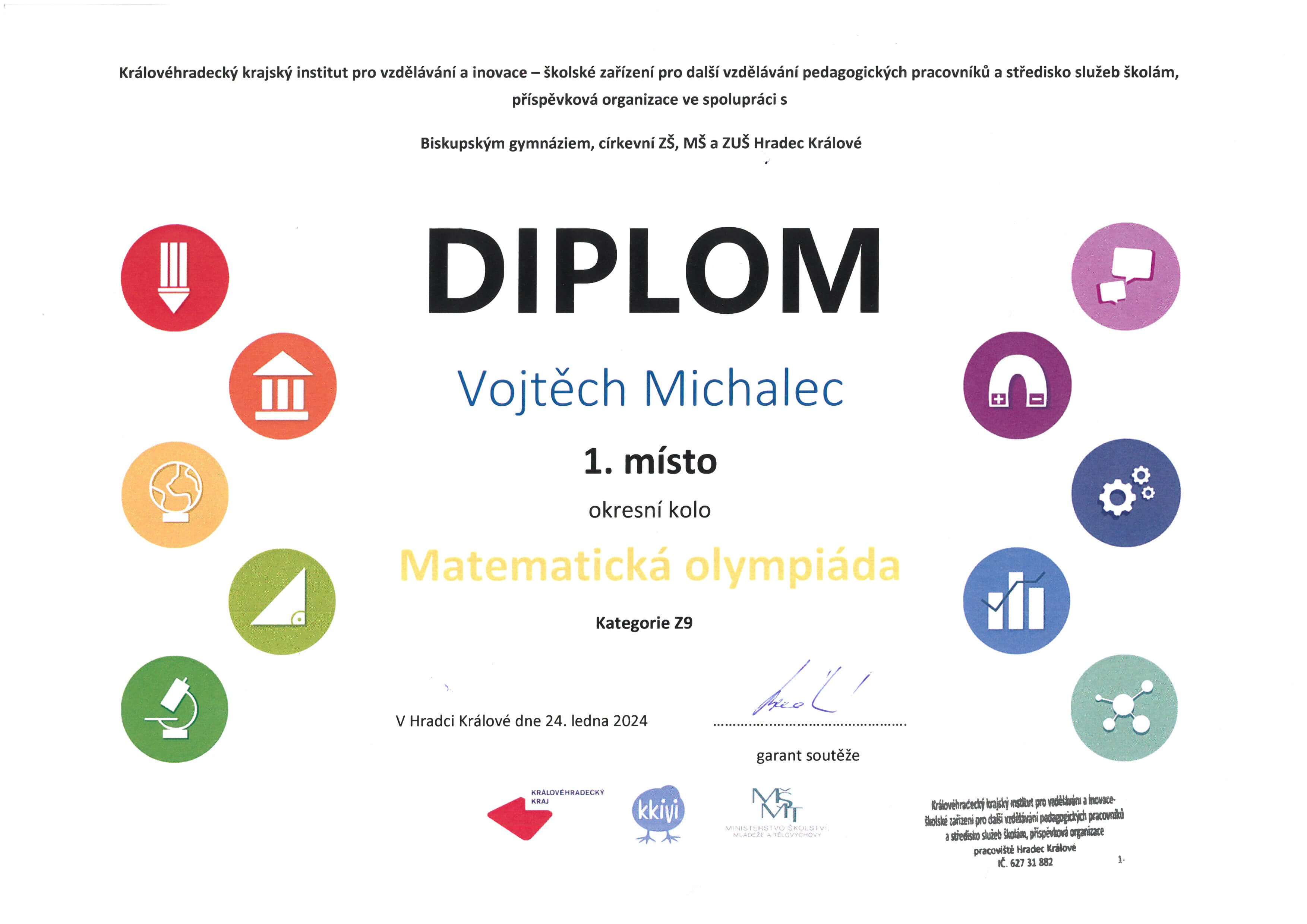 1. místo v okresním kole Matematické olympiády